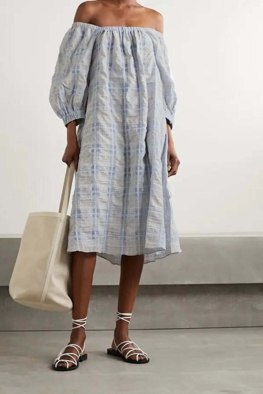 NWT Remain Birger Christensen Lea Brunnera Blue Plaid Off Shoulder Midi Dress 6